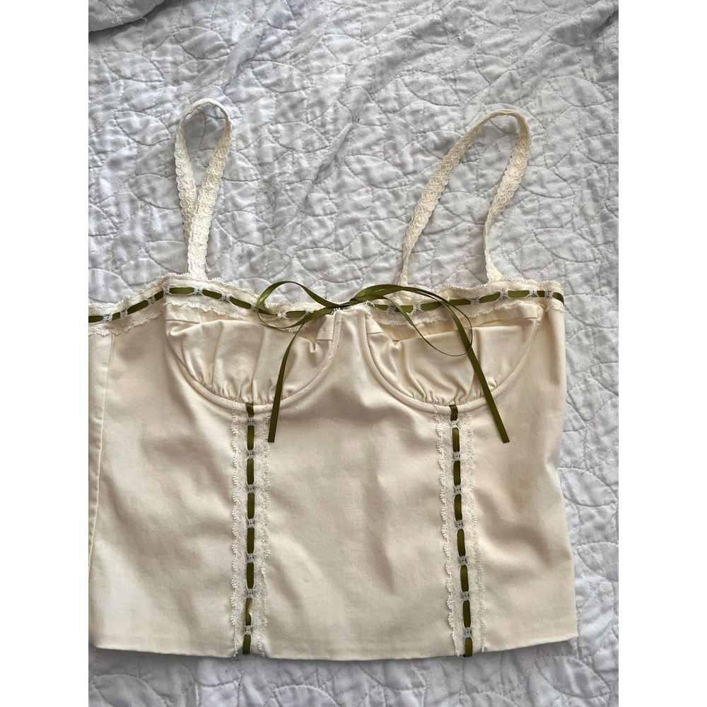 Beverly & Beck PacSun Cream Bustier Corset Cami Green Ribbon Lace Coquette M